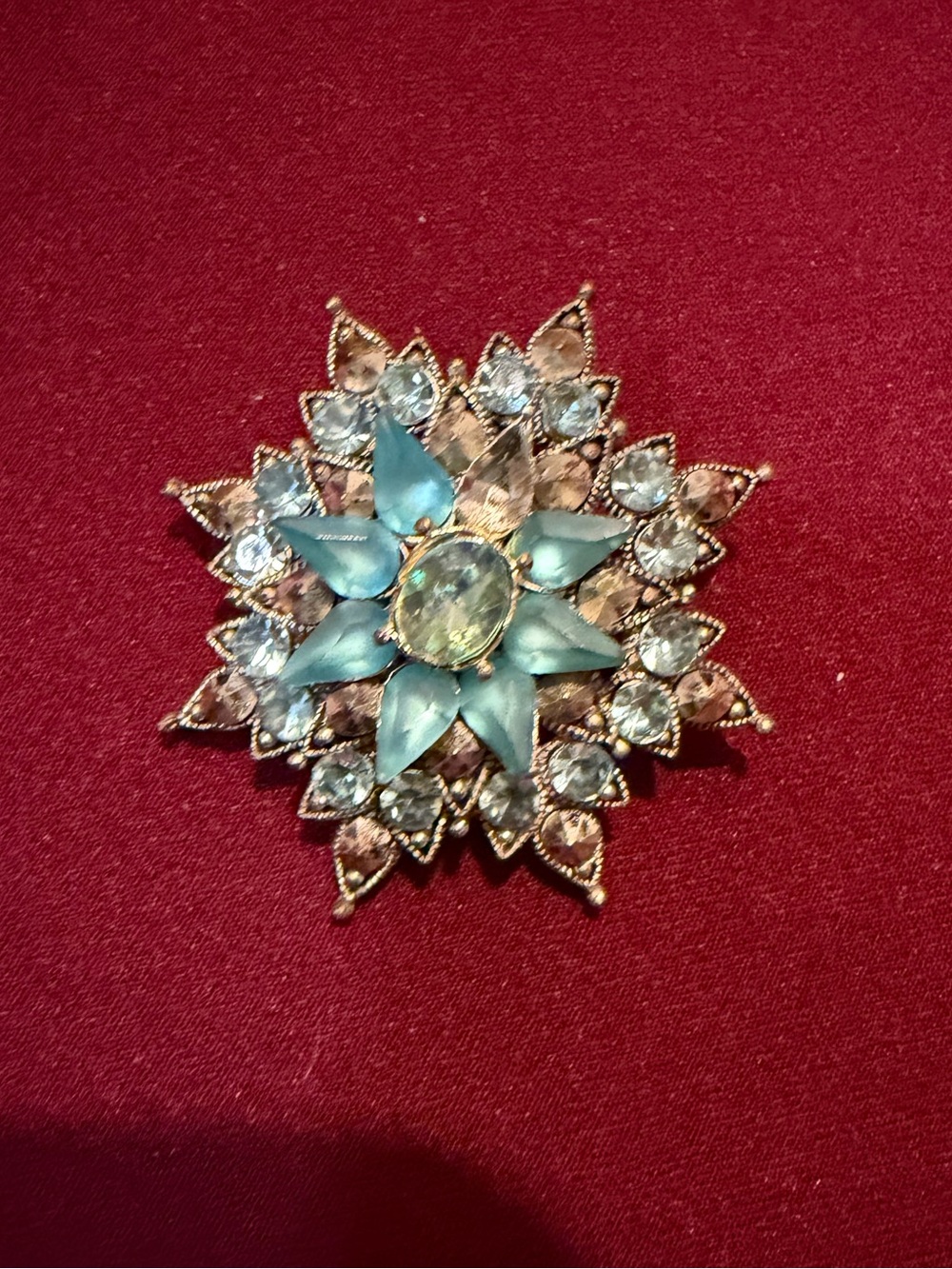 Vintage Style Aqua Blue Rhinestone Floral Brooch Starburst Statement Pin